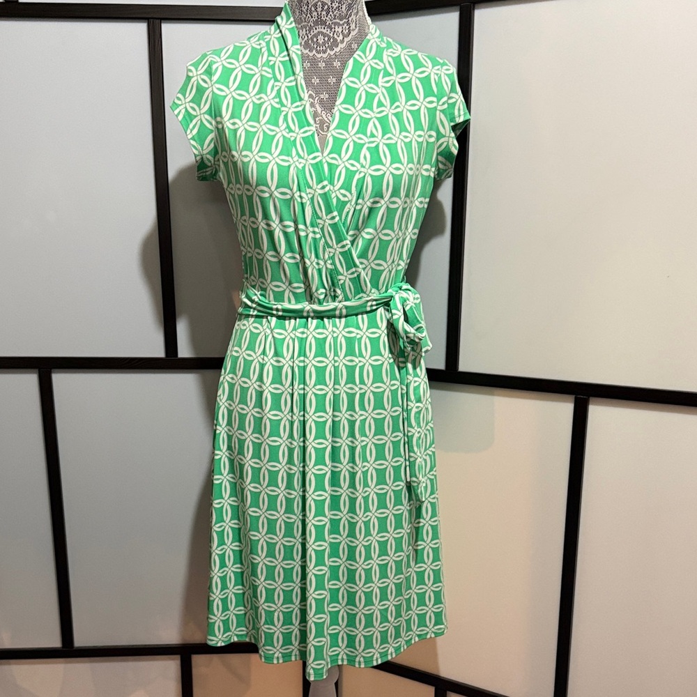 Liz Claiborne Mint Green & White Geometric Wrap-Style Midi Dress